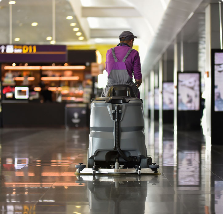 Commercial cleaner operating an industrial floor sweeper at a retail facility.