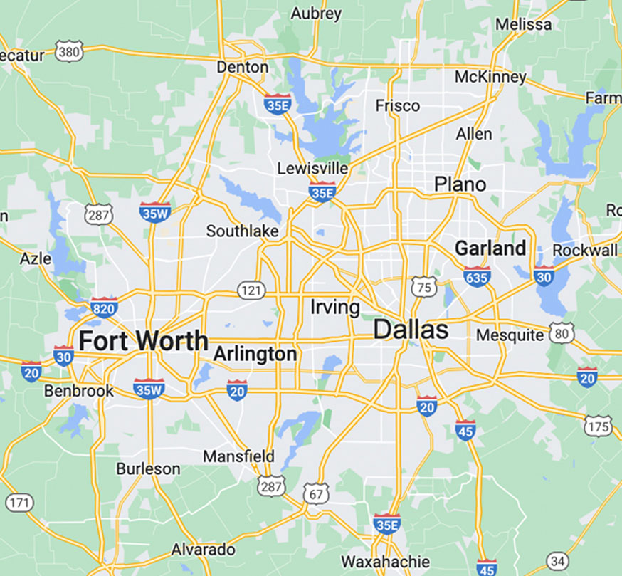 Map showing Dallas and surrounding areas for commercial cleaning.