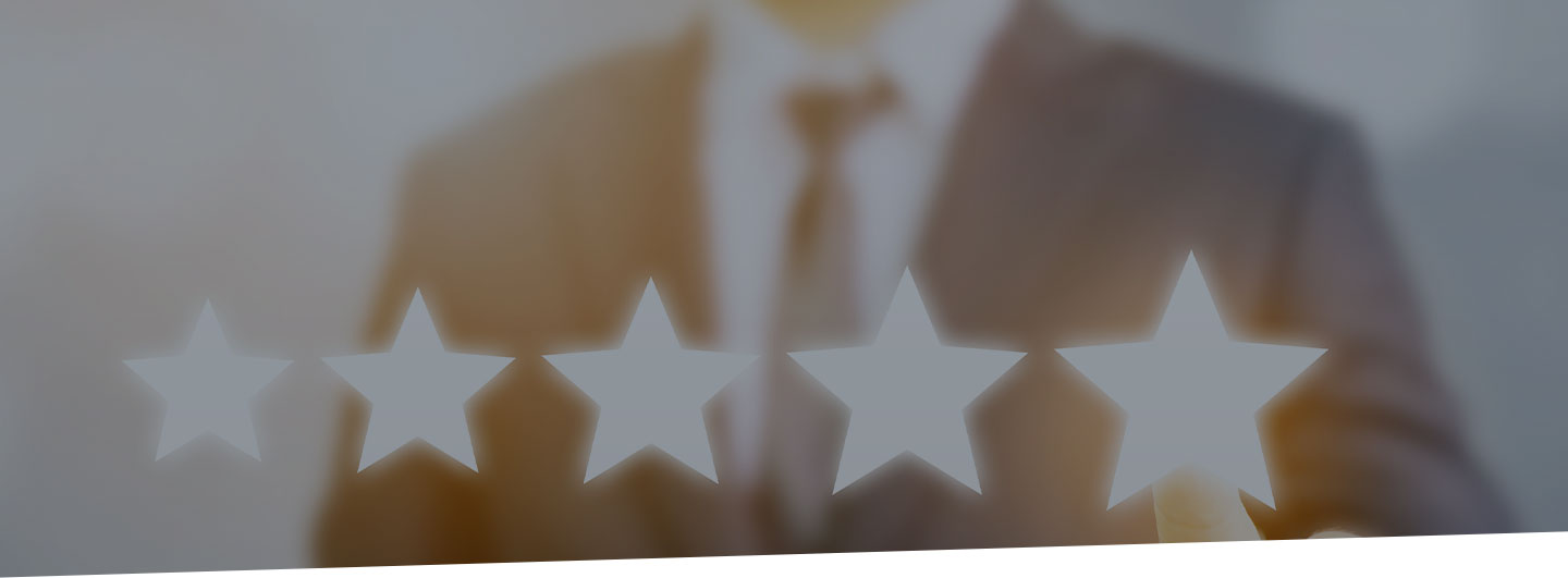 Five-star graphics in front of blurred image of businessman. Customer reviews concept.